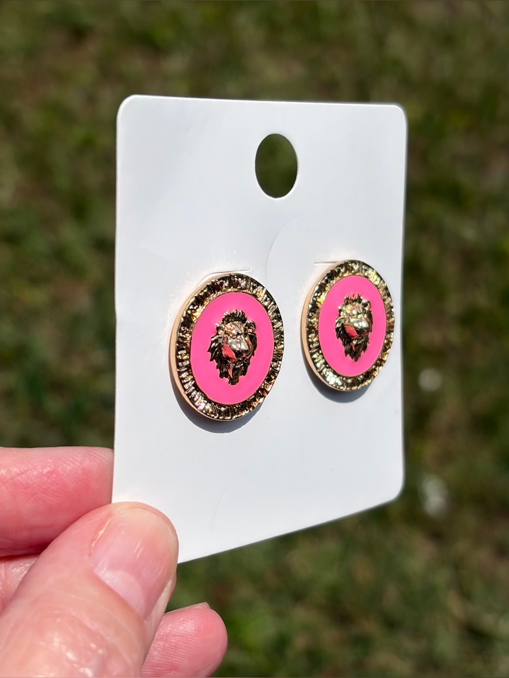 Gold Lion Head Pink Enamel Stud Earrings - Women Jewelry - Picture 3 of 6